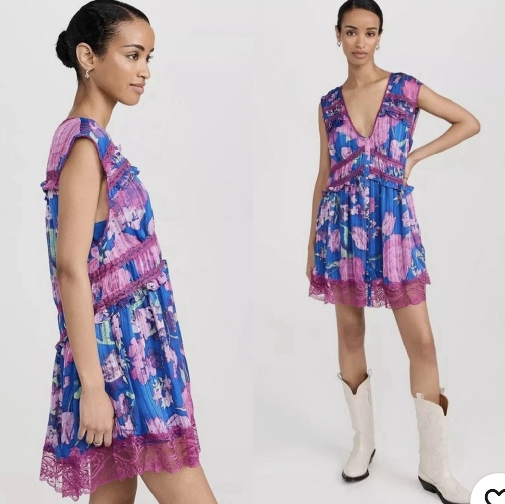 Free People Floral Mini Dress With Lace Trim Boho Blue Pink NWT